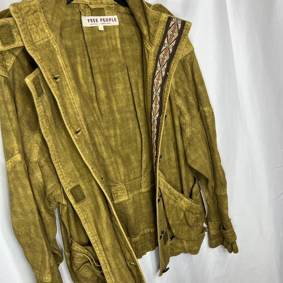 Free People Jade Safari Bomber Jacket Embroidered Gold Brown Linen S Grunge - Picture 10 of 14